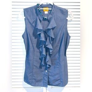 Ruby Rd. Blue Button up Sleeveless ruffled Blouse